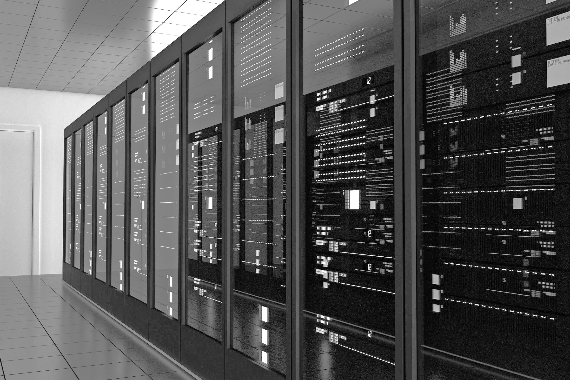 Grayscale photo of a mainframe computer cabinet